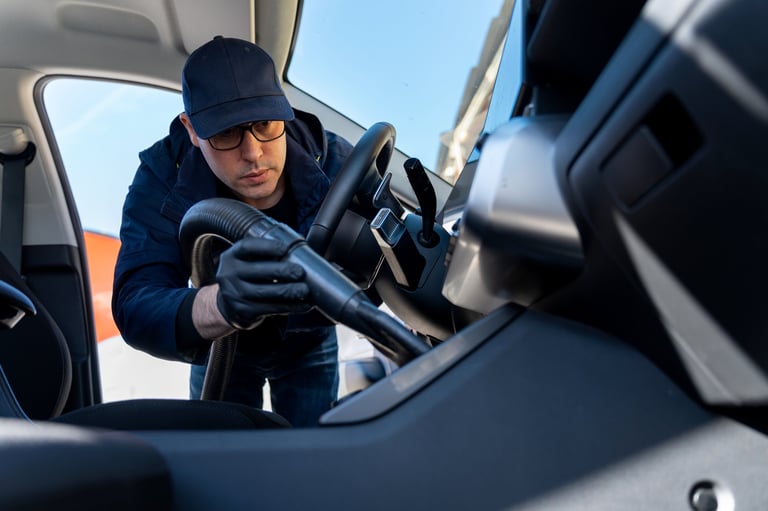 Car detailer cleaning dashboard