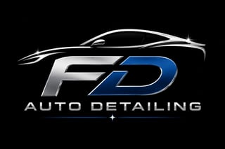 FD Auto Detailing logo featuring silver and blue letters with a sleek car silhouette above on black background